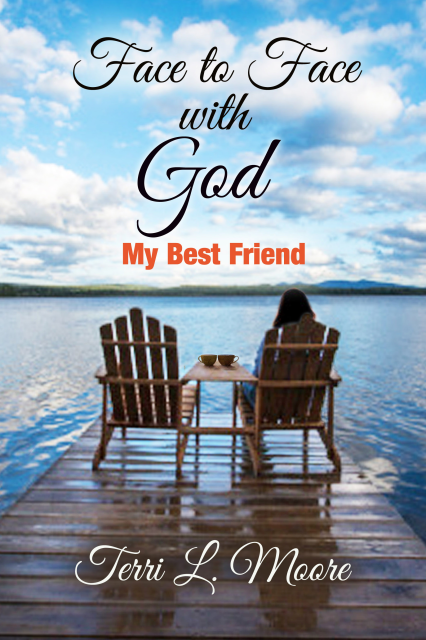 The cover of this book is a view over a water with 2 deck chairs on a dock: the left deck chair is empty. Face to Face with God, My Best Friend by Terri L. Moore.