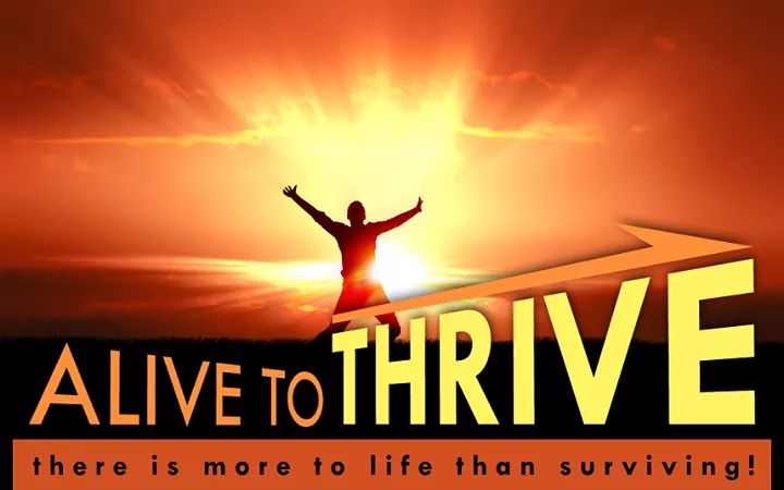 An image of a person on top of a mountain with the sun behind them and their arms up in celebration, with the text Alive to Thrive: There is more to life than surviving!